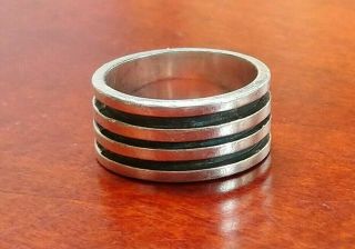 Vintage Modernist Oxidised Grooved Stripe Sterling Silver Ring Band Wide Thick