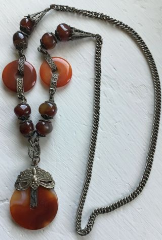 Vintage China Chinese Qing Dynasty Silver Carnelian Necklace