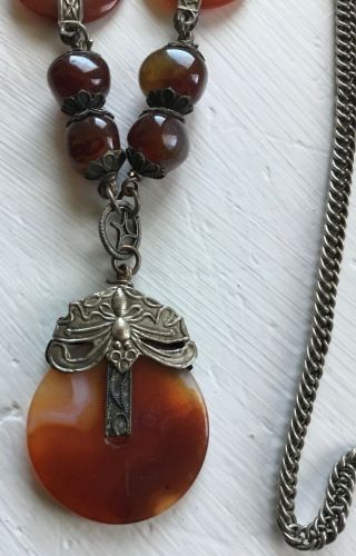 Vintage China Chinese Qing Dynasty Silver Carnelian Necklace 2