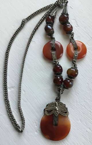 Vintage China Chinese Qing Dynasty Silver Carnelian Necklace 3