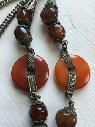 Vintage China Chinese Qing Dynasty Silver Carnelian Necklace 4