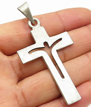 Mexico 925 Silver - Vintage Carved Out Modernist Religious Cross Pendant - P4551
