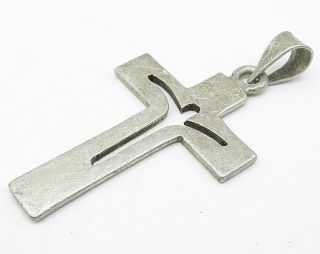 MEXICO 925 Silver - Vintage Carved Out Modernist Religious Cross Pendant - P4551 2