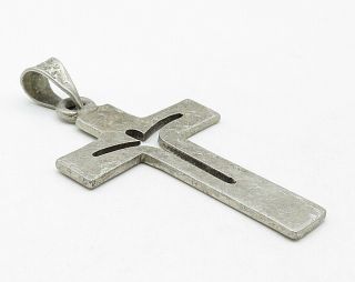MEXICO 925 Silver - Vintage Carved Out Modernist Religious Cross Pendant - P4551 3