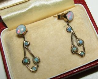 , Antique,  2 In 1,  9 Ct Gold Earrings With Natural Fire Opal Gems