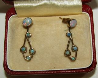 , ANTIQUE,  2 IN 1,  9 CT GOLD EARRINGS WITH NATURAL FIRE OPAL GEMS 2