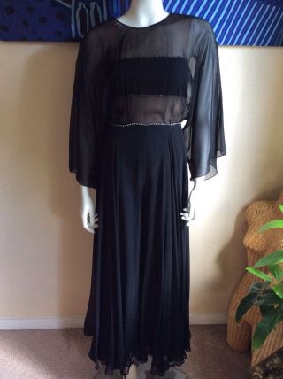 Vintage Black Silk Chiffon Wide Leg Jumper Jumpsuit Rhinestones Size 2 - 4