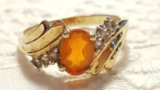 10k Gold Natural Orange Fire Opal And Diamonds Solitaire Vintage Size 6.  75