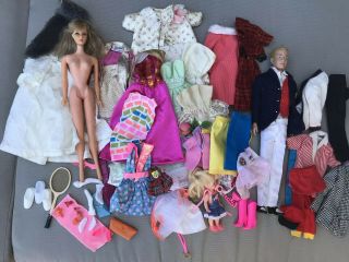 Vintage Barbie And Ken Dolls With Carrying Case And Clothing
