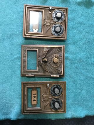 3 Vintage Brass Post Office Box Doors Combination Lock Glass Window Heavy Mail