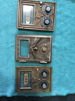 3 Vintage Brass Post Office Box Doors Combination Lock Glass Window Heavy Mail 2