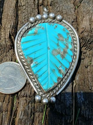 Vtg Native American Carved Leaf Turquoise Sterling Silver Pendant