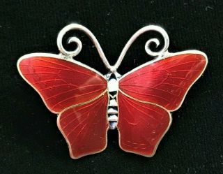 Vtg Hestenes Norway 925 S Sterling Silver Red Enamel Butterfly 1 5/8 " Brooch Pin