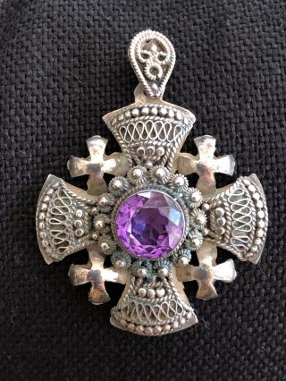 Vintage Jerusalem Jordan Sterling Silver Alexandrite Cross Pendant