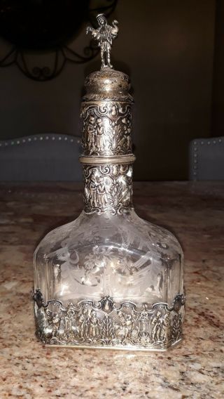 Antique Glass Bottle W/ Sterling Silver Overlay Decanter Or Perfume ?