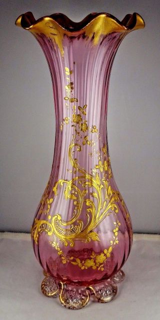 Antique Bohemian Pink Ribbed Glass Gold Encrusted Floral Footed Vase