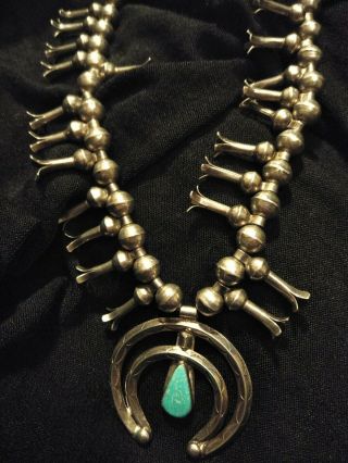 Vtg Navajo Squash Blossom Necklace: Sterling Silver & Turquoise.  Beautifull