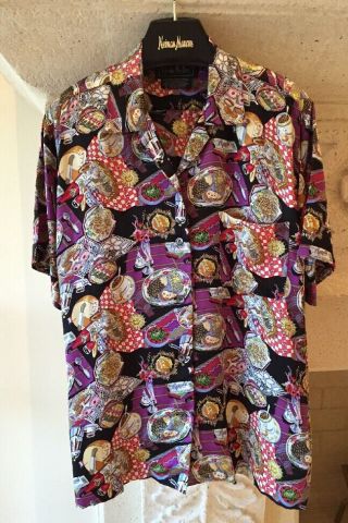 Nicole Miller Limited Edition Vintage Food And Wine Motif Silk Blouse Size L