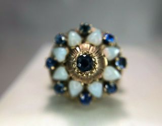 Vintage Art Deco 14k Yellow Gold Blue Sapphire Pear Shape Opal Cocktail Ring