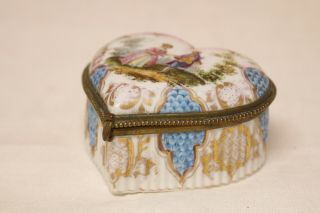 , Antique Meissen Porcelain Box,  Heart Shape,  Hand Painted,  Gilt