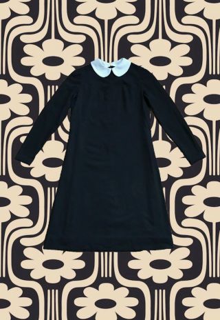 Vintage 1960s Peter Pan Collar Midi Dress Wednesday Addams Long Sleeve Mod L/xl