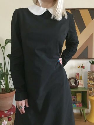 Vintage 1960s Peter Pan Collar Midi Dress Wednesday Addams Long Sleeve Mod L/XL 6