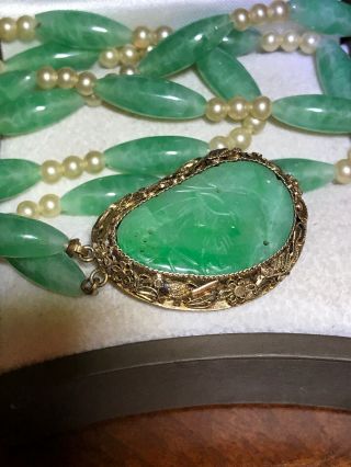 Vintage Large Chinese Jade Necklace Pierced Silver Gilt Filigree Pendant