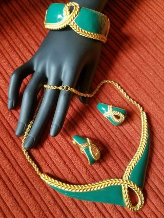 Rare Vintage Monet Teal Enamel & Gold Tone Parure - Necklace Bracelet & Earrings