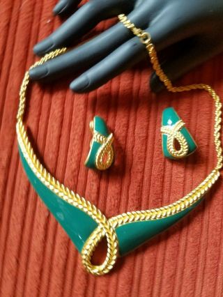 Rare Vintage Monet Teal Enamel & Gold Tone Parure - Necklace Bracelet & Earrings 2