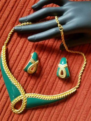 Rare Vintage Monet Teal Enamel & Gold Tone Parure - Necklace Bracelet & Earrings 4