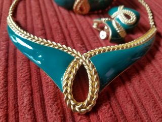 Rare Vintage Monet Teal Enamel & Gold Tone Parure - Necklace Bracelet & Earrings 6