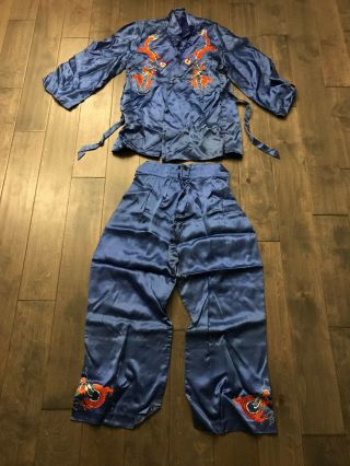 Vintage Asian Chinese Blue Silk Textile Jacket & Pants W/ Dragons Decoration