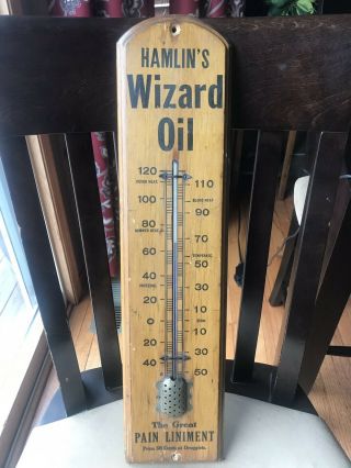 Antique Early 1900s? Wood Advertising Thermometer Hamlin’s Wizard Oil Sign Rare