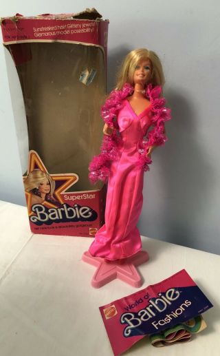 Vintage Superstar Barbie Pink Dress 1976 Mattel Boa Stand Shoes