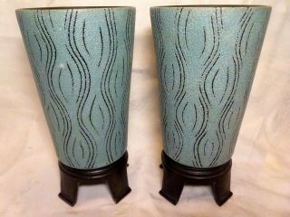 H - T - F Rare Vintage Pair Hyalyn Sgraffito Pottery Footed Vases Abstract Art Deco