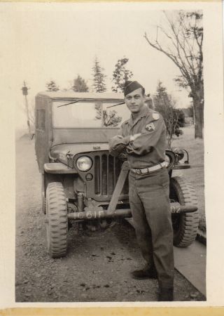 Wwii Snapshot Photo 97th Division Gi W/ Patch Jeep Bumper Markings 16