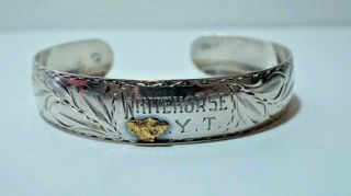 H207 Vintage Whitehorse Yukon Gold Nugget Sterling Engraved Cuff Bracelet