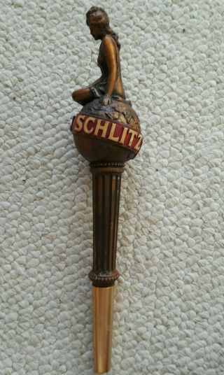 Vintage Schlitz Princess Goddess Lady on World Globe Beer Tap Handle 2