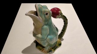 Vintage Majolica Pottery  Frog On Lily Pad  Pitcher With Lotus Flower Handle