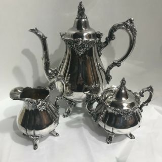 Vintage Silver Plate Baroque By Wallace Tea Service 3 Piece Set Sugar Creamer