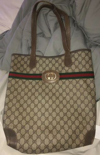 Authentic Gucci Vintage Gg Monogram Browns Coated Canvas Large Tote Bag