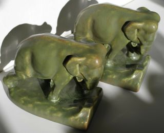 Vintage 1935 Rookwood Elephant Bookends,  Art Pottery Green Glaze 2444d,  Pair