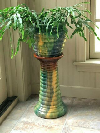 Vintage Art Pottery Majolica Jardiniere And Pedestal In Multi Colors