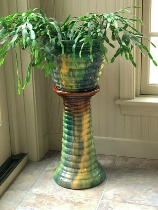 Vintage Art pottery majolica jardiniere and pedestal in multi colors 2