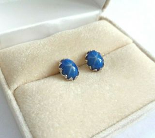 Vintage 14k Solid White Gold Blue Star Sapphire Stud Earrings 1.  26g Not Scrap