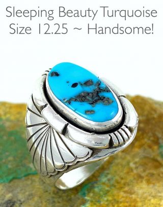 22g Epic Vintage Navajo Cast Silver Sleeping Beauty Turquoise Mens Ring Sz 12.  25