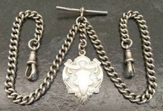 Old Vintage All Silver Double Albert Pocket Watch Chain & Fob.