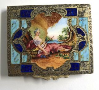 Antique 800 Silver Blue Enameled Guilloche Compact Gold Washed