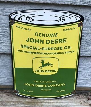 Vintage John Deere Porcelain Oil Can Sign Farm Implements Service Station Gas