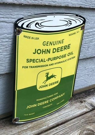 VINTAGE JOHN DEERE PORCELAIN OIL CAN SIGN FARM IMPLEMENTS SERVICE STATION GAS 2